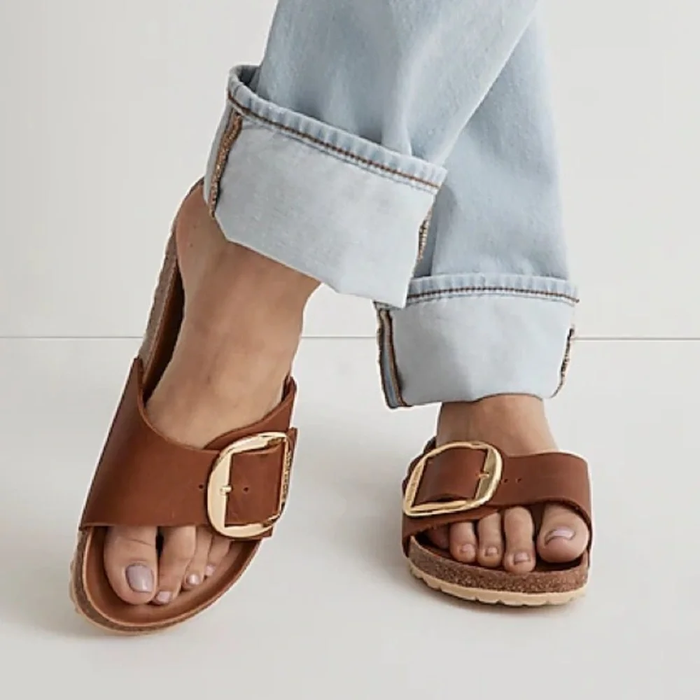 new Birkenstock Madrid big buckle sandal slides in tan leather